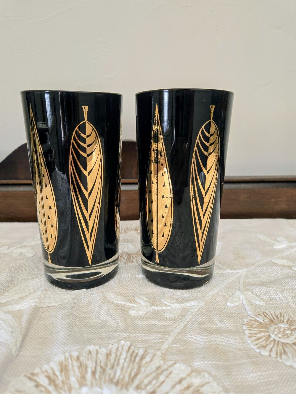 Mid Century Set Of 2 Highball Glasses Black And Gold